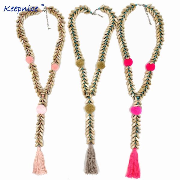 

new handmade cowrie shell beaded chain necklace bohemia boho pompoms long fringe tassel pendants necklace for women summer, Silver