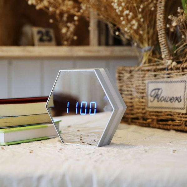 

creative brief glass make up mirror digital table clocks luminous date time despertador vogue polygon home electronic clock gift