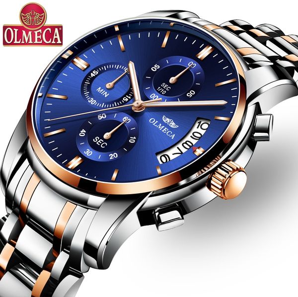 

olmeca complete calendar wrist watch men's watch blue dial businessman relogio masculino waterproof watches stainless steel new, Slivery;brown