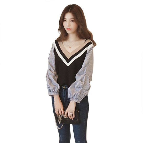 

женские повседневные блузки полосатый пэчворк топы женский v-образным вырезом фонарь рукав женские рубашки весна осень женщины блузки, White