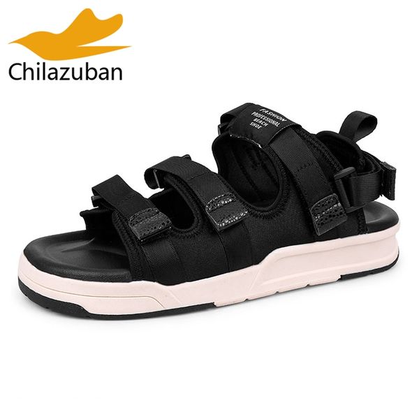 

chilazuban trend fashion men flats sandals print camo ankle strap sandals summer beach shoes male flats footwear size 39-45, Black