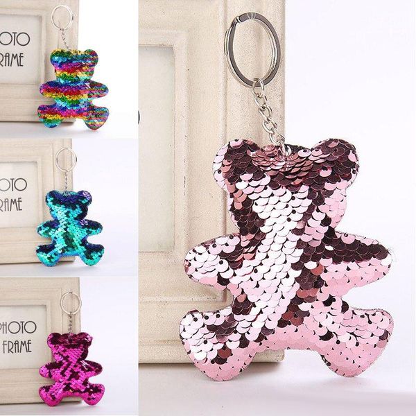

cartoon cute sequins bear rainbow pendants keychain keyring charms car key chain, Silver