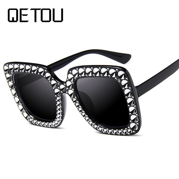 

qetou fashion oversized diamond sunglasses women square frame rhinestone crystal sun glasses luxury vintage sunglass shades, White;black