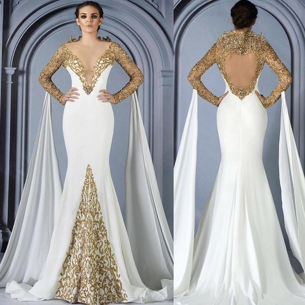 

fashion gold mermaid backless evening dresses sequined long sleeves sheer plunging neck plus size formal dress appliqued beaded prom gowns, Black;red