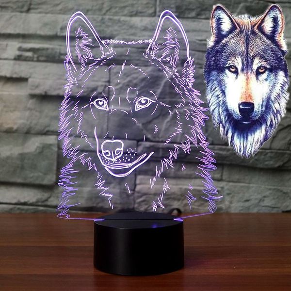 Wolf Head 3D Illusion Night Light Light Light Kid Table Desk Desk Lamp Birthday Regalo #R45