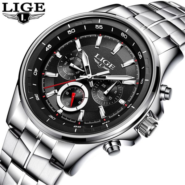 

lige waterproof mens watches quartz business watch men fashion full steel clock sport watches relogio masculino, Slivery;brown