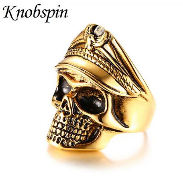 

retro stainless steel skull ring gold color punk men's finger ring fashion motor biker party jewelry us size 8-12 anel masculino, Golden;silver