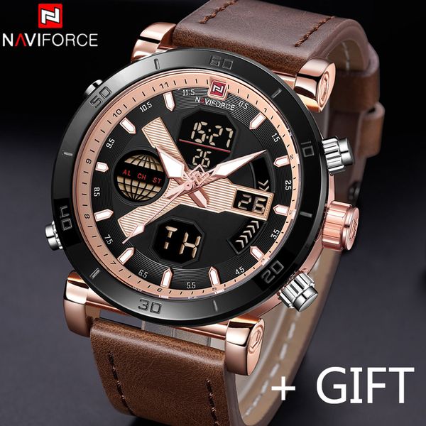 

naviforce men watch sport chronograph digital male clock genuine leather led quartz wristwatch 9132, Slivery;brown
