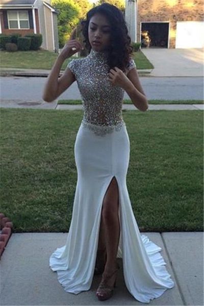 

High Neck Beading Sequins Prom Dresses 2018 Cap Sleeves Front Split Evening Gowns Illusion Bodice Mermaid Formal Gowns