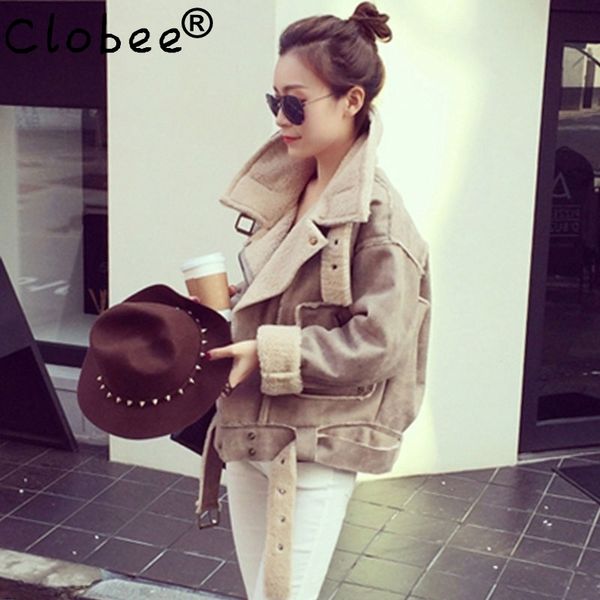 

wholesale- 2017 new winter woman ladies short shearling coats suede leather jackets plus size coat faux lambs wool coat s- w833, Black
