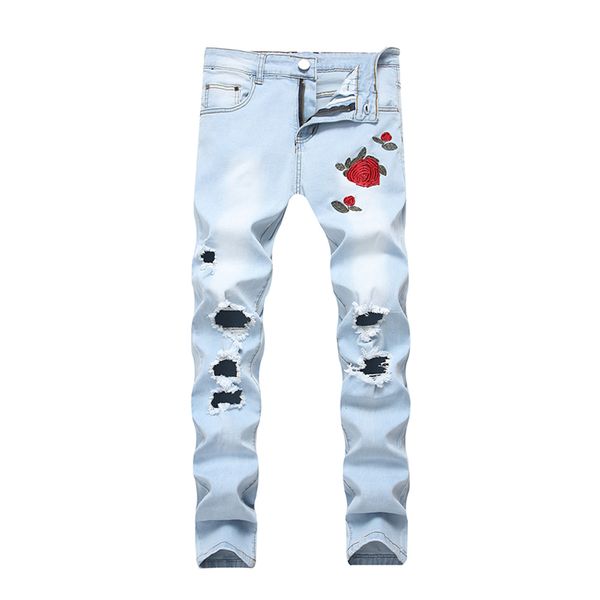 

aboorun fashion mens slim ripped jeans rose embroidery broken hole pencil jeans men streerwear clothes x443, Blue
