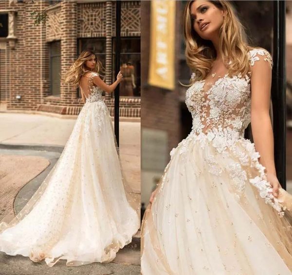 

milla nova lace wedding dresses 2020 pearls beading boho sweep train backless a line wedding bridal gowns, White