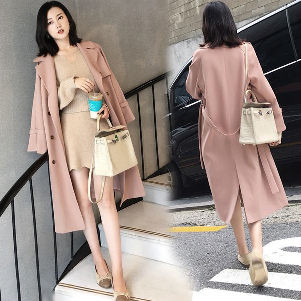 

latest 2018 autumn new women's long trench coat oversize double breasted pink classic belted korea outwear loose clothing, Tan;black