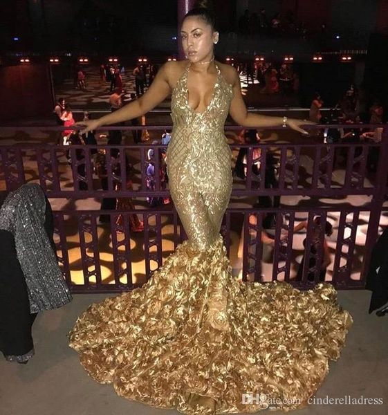 

2018 gold halter v neck mermaid prom dresses with rose train black girls evening gowns african vestidos party dresses ba8147