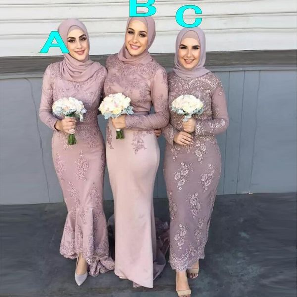 

2020 custom sheath tea length lace country muslim bridesmaid dresses elegant long sleeve evening prom dresses, White;pink