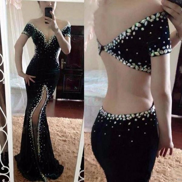 

Sexy Black Mermaid Prom Dresses Off The Shoulder Crystals Dubai Cut Side Split Formal Evening Pageant Gowns Formal Party Vestido