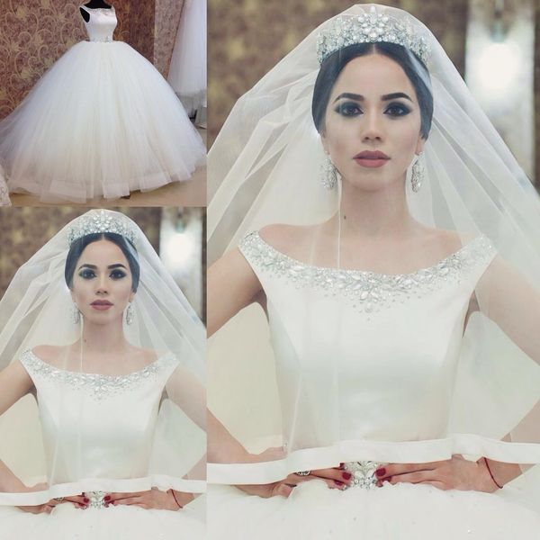 Schulterfreies Hochzeitskleid mit Strass-Perlen, ärmellose Pailletten, flauschiges Ballkleid-Brautkleid, maßgeschneidertes Dubai-Hochzeitskleid in Übergröße, günstig