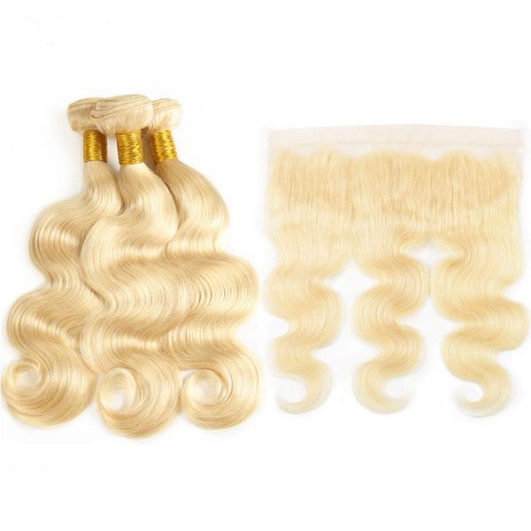 

body wave 613 bundles with frontal brazilian remy human hair blonde 3 bundles with lace closure frontal, Black;brown