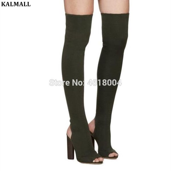 

kalmall women thigh high boots peep /pointed toe block high heels stretchy sock over-knee booties party boots kimdashion, Black