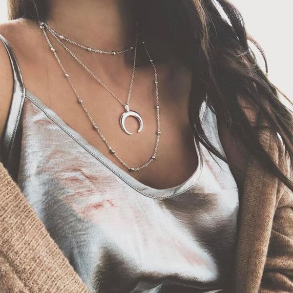

lnrrabc 2018 новая мода 3 слоя ожерелье рога полумесяц цепи boho серебряные ювелирные изделия подруга подарок девушка бутик, Silver