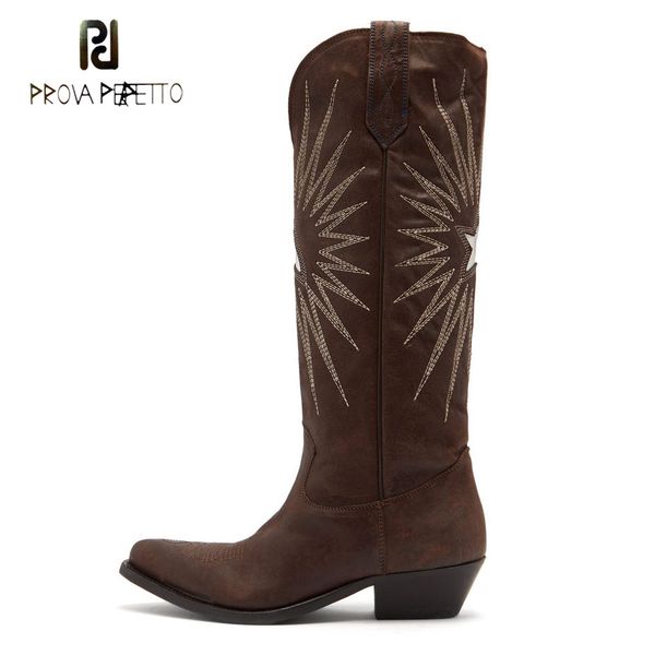 

prova perfetto new style electric embroider knee high boots women black brown real leather pointy toe chunky heel cowboy boots