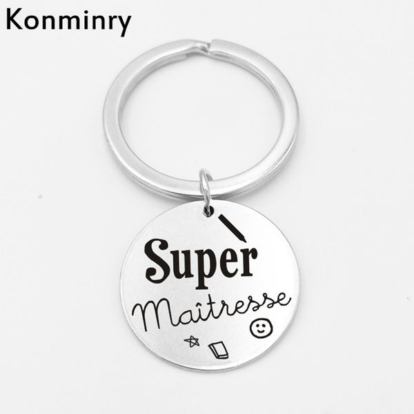 

konminry super merci maitresse stainless steel keychain art drawing cartoon french thanks teacher round keyring gifts jewelry, Silver