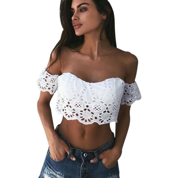 

ostrich women fashion summer lace crochet padded crop off shoulder blouse shirts white c2935