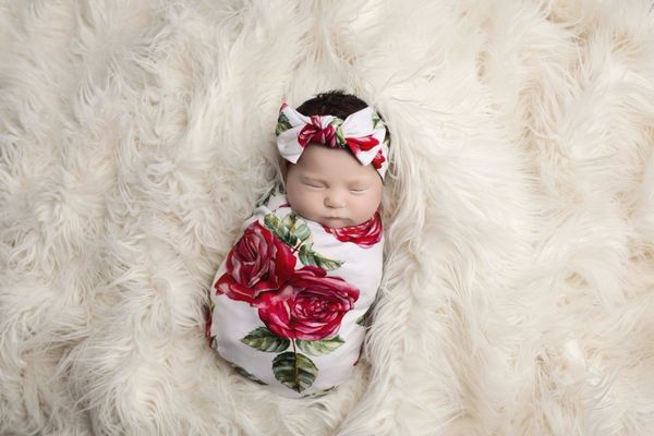 

2017 newborn baby beautiful floral rose print infant sleeping bag+bow headband floral swaddle baby swaddles with headbands 0-3m