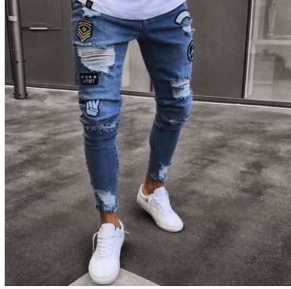 

moomphya new arrived distressed ripped holes badge men jeans hombre slim fit jeans men hip hop skinny biker jeans streetwear, Blue