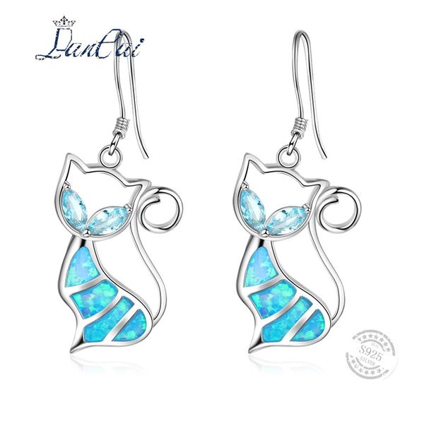 

lancai new cute silver blue fire opal cartoon cat earrings 925 sterling silver drop earrings for women fine jewelry lovers gift, Golden;silver