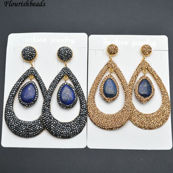 

new design pave glass beads natural lapis lazuli stone drop two layer dangle earrings fashion woamn party jewelry, Golden;silver