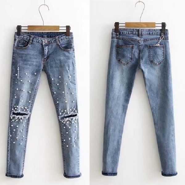 

2018 women fashion destroyed ripped pearled slim denim pants embroidered flares jeans trousers denim long hole sexy, Blue
