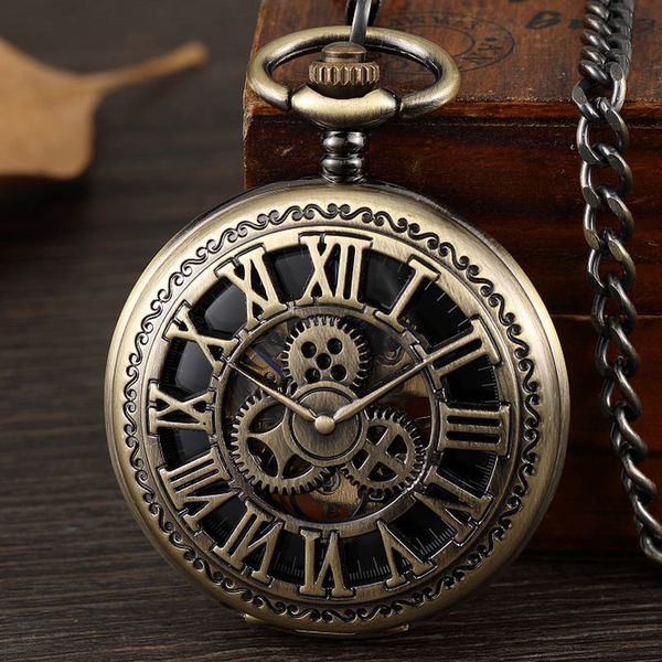 

steampunk gears vintage mechanical pocket watch hollow roman numerals hollow fob hand watch men black bronze relogio de bolso, Slivery;golden