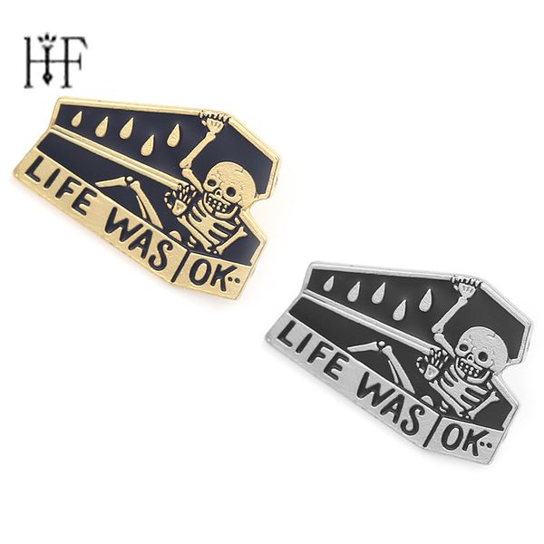 

2pcs gold/sier color skull brooches "life was ok" enamel letters skeleton coffin pins badges halloween gifts dress accessories, Gray