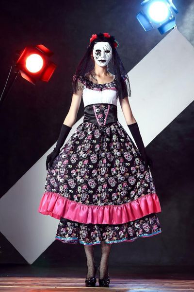 

women halloween corpse bride costume day of dead cosplay long skull flapper dress scary sleeveless horror outfit for girls, Black;red