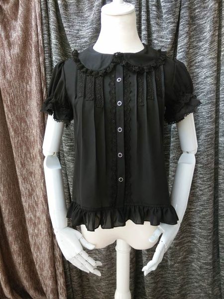 

vintage black and white short sleeve gothic lolita shirts peter pan collar blouses for women, Black;red