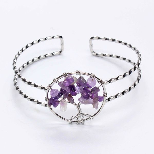 

100-unique 1 pcs attractive design silver plated tree of life natural purple amethysts stone bangle charm jewelry, Black