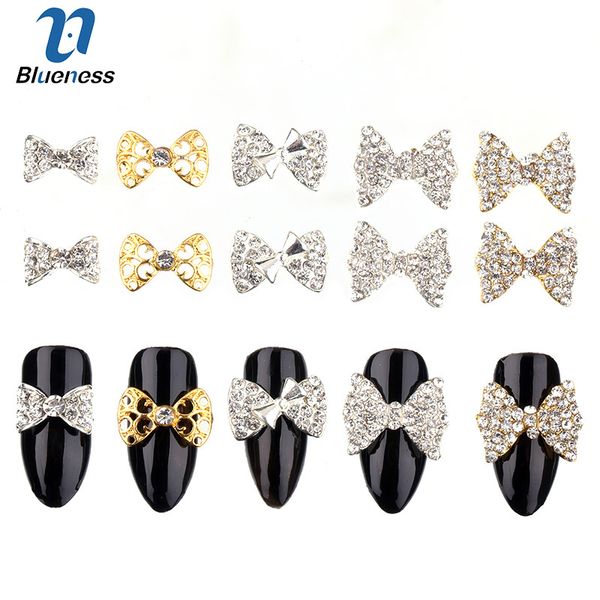 

blueness 10pcs/lot nails rhinestones bow design manicure nails art decorations crystal jewelry accessories metal studs tips, Silver;gold