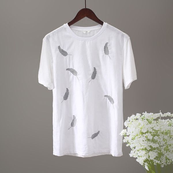 

2018 men's short sleeved linen t-shirts thin loose round necktie young cotton linen bottoming shirt new fashion, White;black