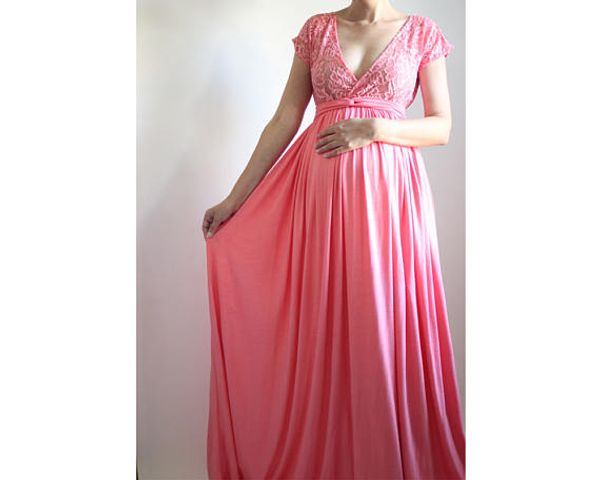 Pink Lace Cap Sleeve Long Evening Dresses For Pregnant Women 2018
