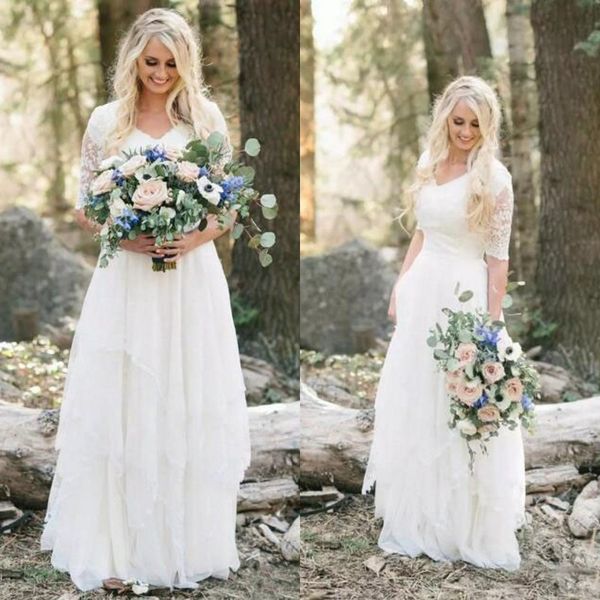 Western Country Bohemian Forest Brautkleider Spitze Chiffon Bescheiden V-Ausschnitt Halbarm Lange Brautkleider Plus Size Kleid für die Hochzeit