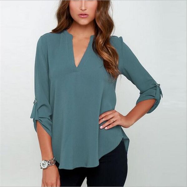 

plus size womentees v-neck long-sleeve polyester women solid color loose chiffon t-shirt 8 colors to choose, White