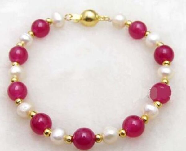 

beautiful 6-7mm white natural pearl & 8mm rose pink stone 7.5'' bracelet, Black