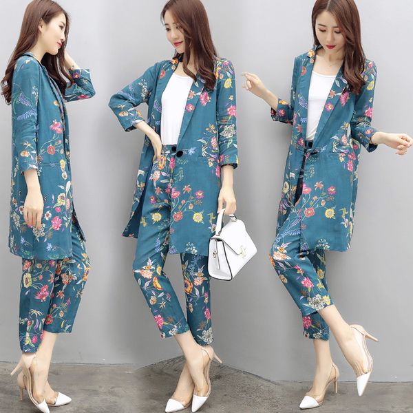 

women's business suit coon and linen suit suit women spring new printing long coon jacket + nine pants fashion two-piece, White;black