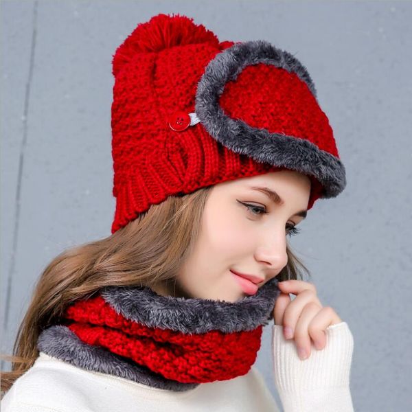 

women pom pom hats bobble beanie knitted hats with mask neck hood scarf thick warm winter accessories 3 pieces a set jn, Blue;gray