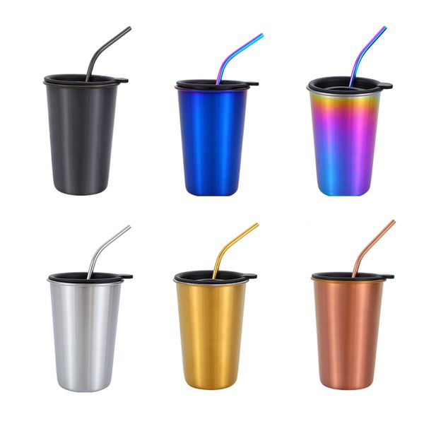 

кружка из нержавеющей стали чашка 500 мл кофе чашка пива с металлической соломой + крышки наборы открытый бар путешествия пить сок чашка чая