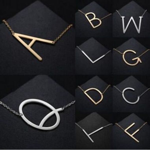 

women fashion sideways personalized a-z letter name initial gold silver plated stainless steel necklace pendant for women alloy necklaces