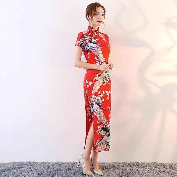 

new red ladies chinese wedding bride dress printed mandarin collar elegant qipao high split long cheongsam oversize 6xl