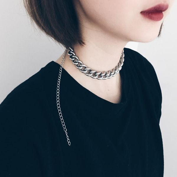 

cool handmade silver chain choker for women men girls punk gothic harajuku personality metal necklace chain
