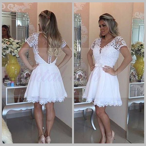 

robe cocktail 2017 short homecoming dresses white lace beaded v-neck illusion backless knee length a-line party dress vestido curto, Blue;pink